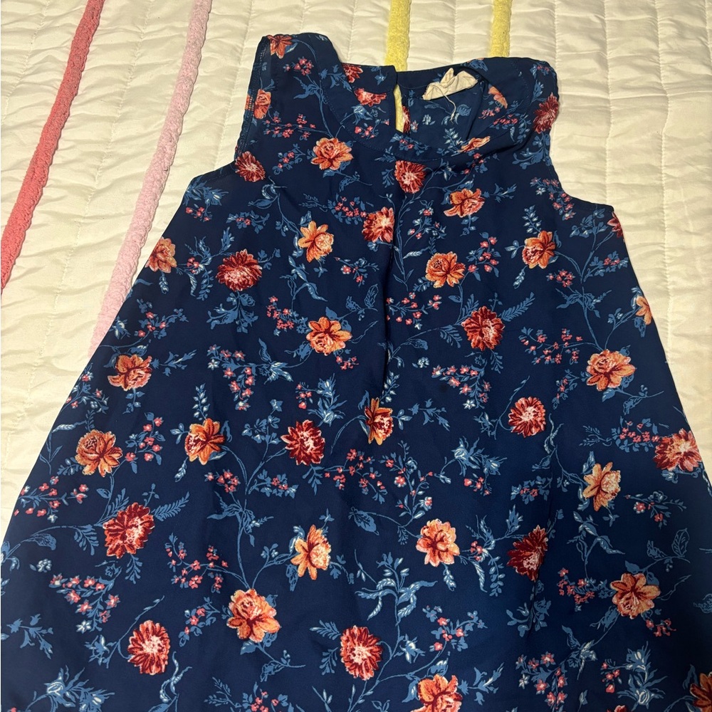 Navy Floral Sleeveless Blouse with Orange Blooms